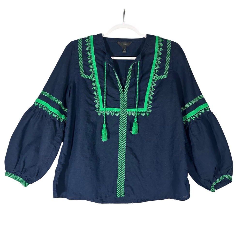 J.Crew Embroidered Boho Peasant Tassel Top Sz 8 Linen Cotton Navy Blue Green - Picture 2 of 12